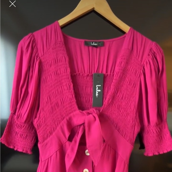 Lulu’s Featured Cutie Berry Pink Smocked Tie-Front Midi Dress Size XS - Picture 17 of 17